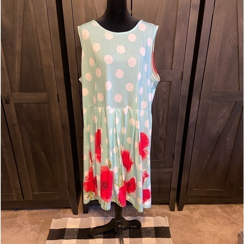 Lily  by Firmiana Summer Dress Floral Red White Polka Dots 2XL LigMint Green